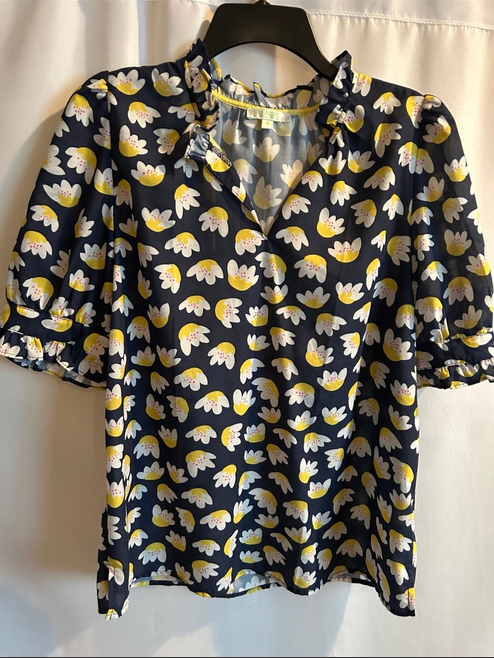 Jade Navy Floral Ruffle-Trim Short Sleeve Blouse